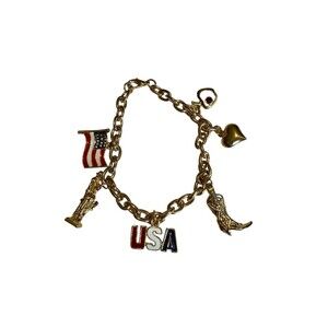 Gold Tone Patriotic Charm Bracelet USA Flag Cowboy Boot Heart
